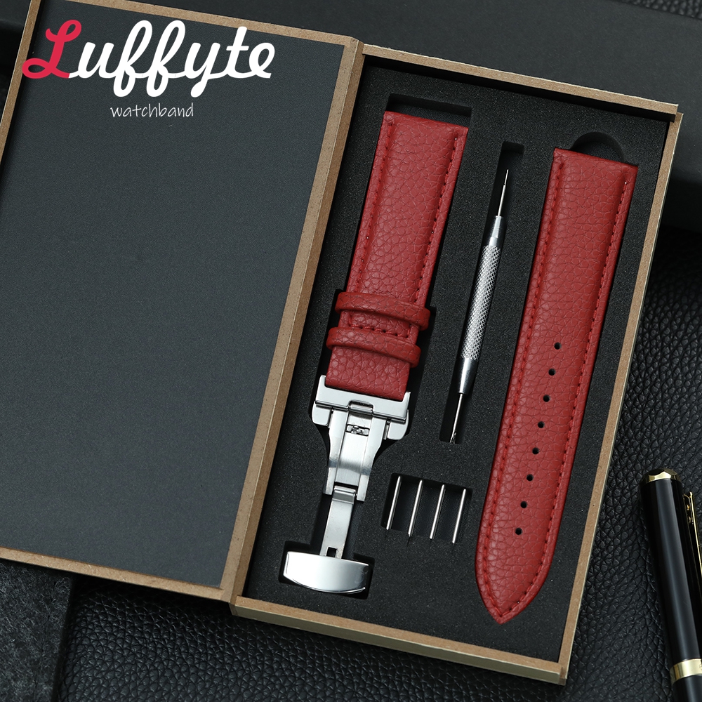 Litchi Grain Leather Watchband with Box Fashion Replacement Band 18mm 20mm 22mm Butterfly Buckle Business Watch Strap