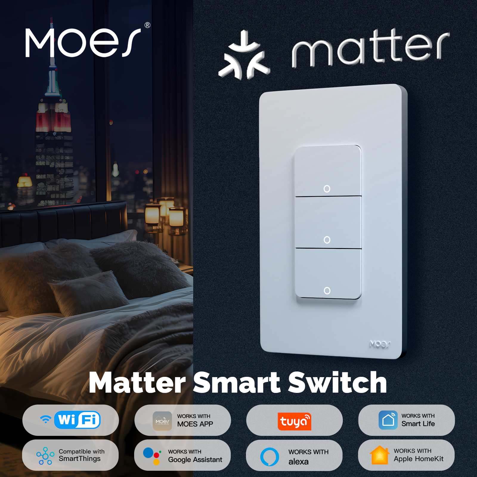 MOES Matter WiFi Smart Light Switch, App Control Neutral Wire & Grounding Required, Compatible with Alexa Home lightify