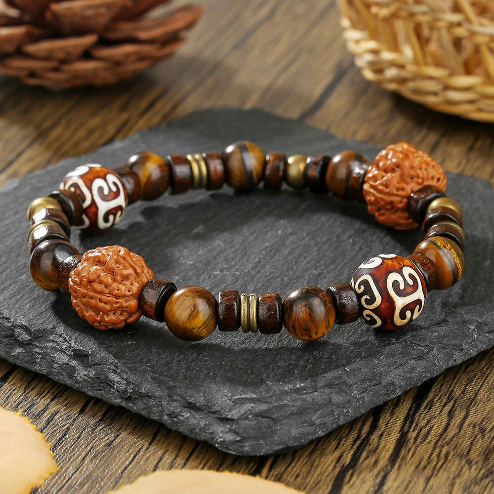 1PC INGX ethnic style bodhi wooden beaded bracelet for men's bohemia natural tiger eye stone bracelets man tribal jewelry
