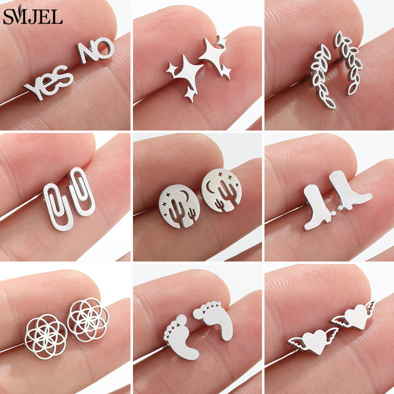 Fashion Cute Datura Flower Ear Stud Earrings For Women Stainless Steel 3 Stars Leaves Boots Girls Piercing Earings Jewelry s