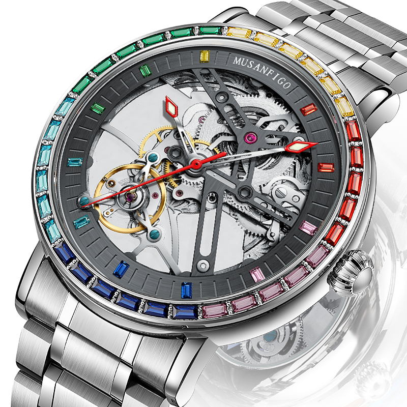 MUSANFIGO New Hollowed Out Fully Automatic Mechanical Watch for Men, Color Diamond Stainless Steel Luminous Waterproof Watch