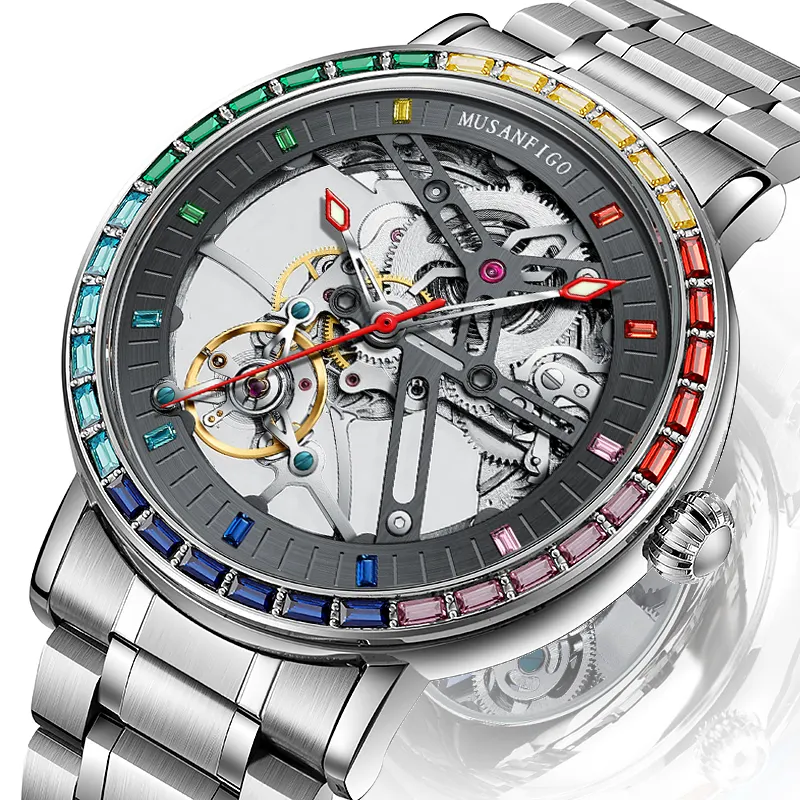 MUSANFIGO New Hollowed Out Fully Automatic Mechanical Watch for Men, Color Diamond Stainless Steel Luminous Waterproof Watch
