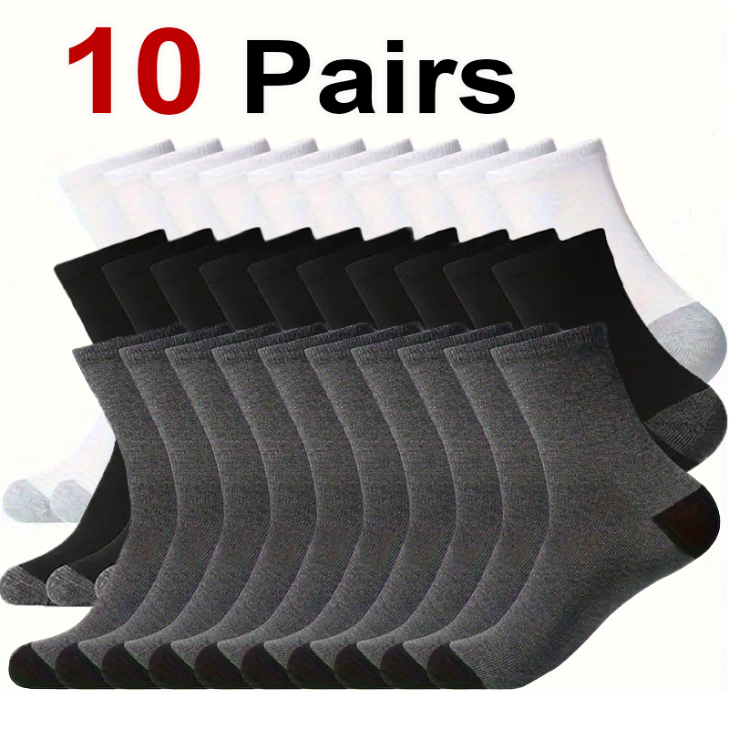 10 Pairs Men Solid Color Round Neck Work Socks Breathable Sweat Absorbing Simple Style Outdoor Sports All Season Casual Socks