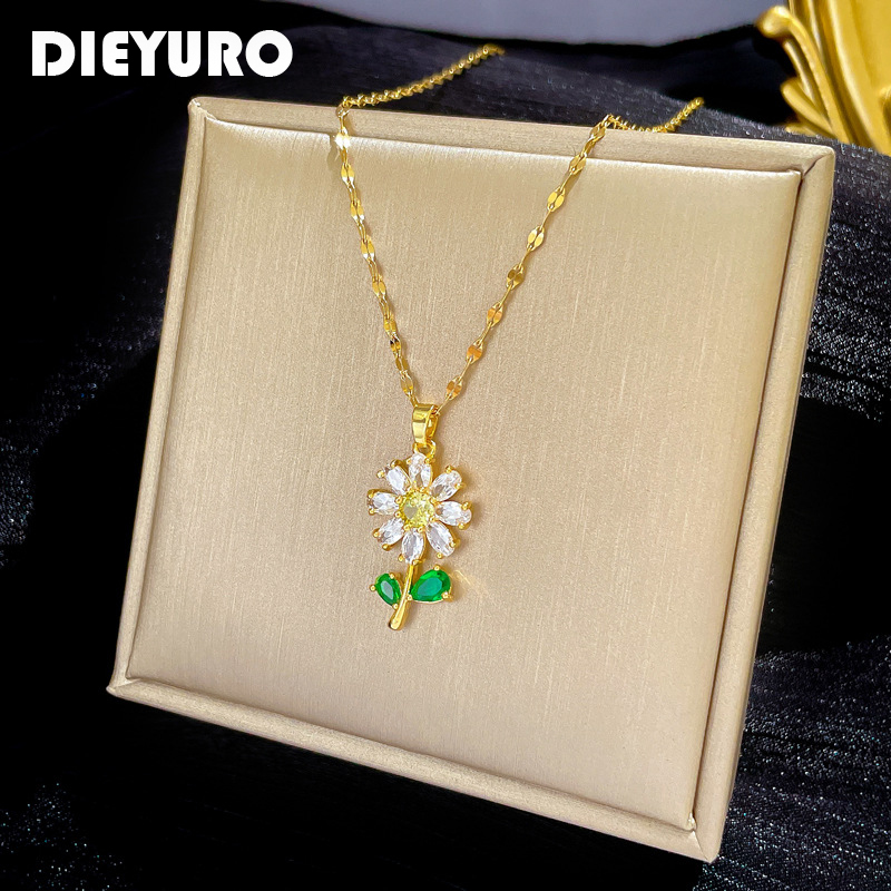 DIEYURO 316L Stainless Steel Full Zirconia Flower Pendant Necklace For Women New Cute Sweet Girls Clavicle Chain Jewelry Gifts pen gpt