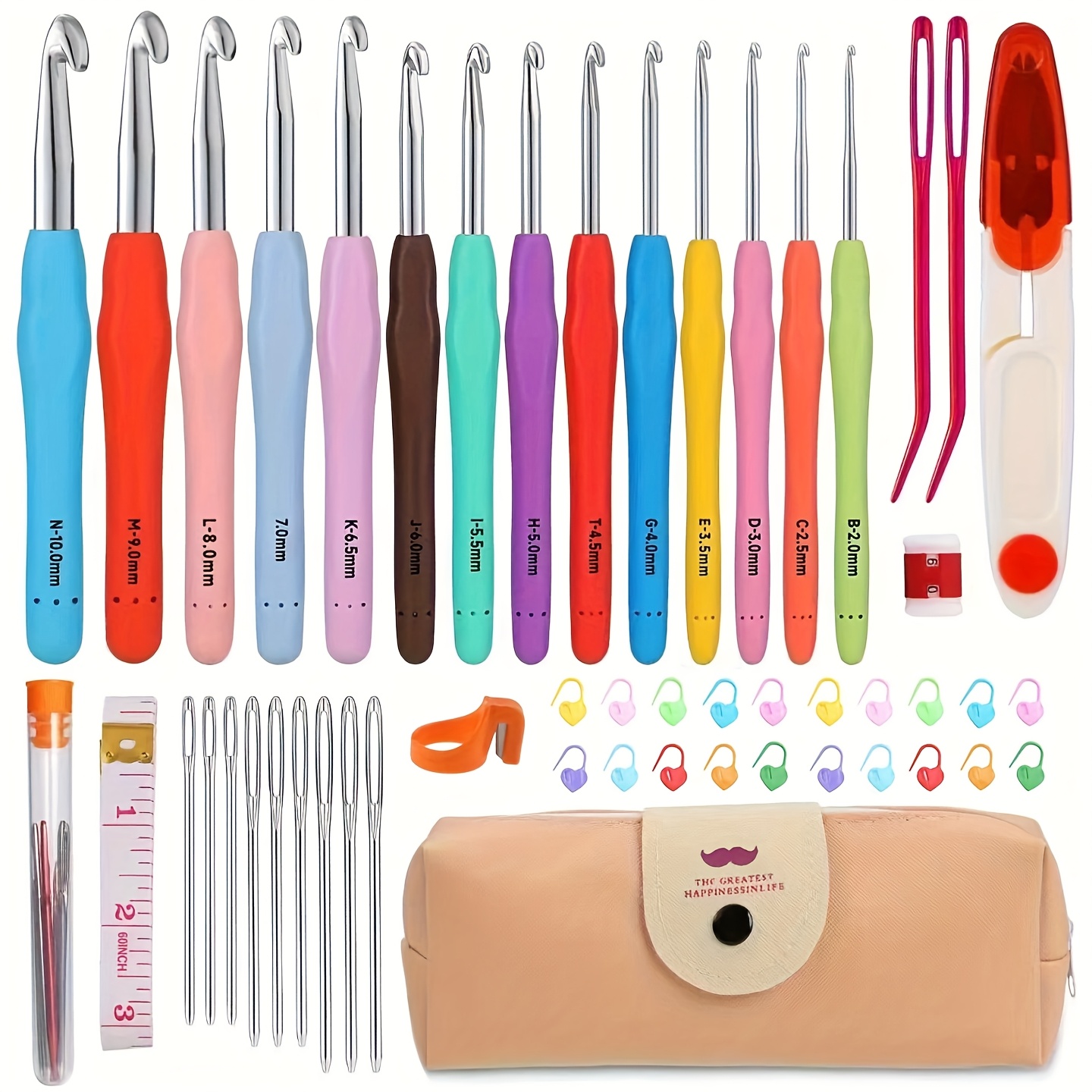 50 crochet hooks set, 14 different sizes, featuring a large ergonomic handle, perfect for beginners, including knitting needles