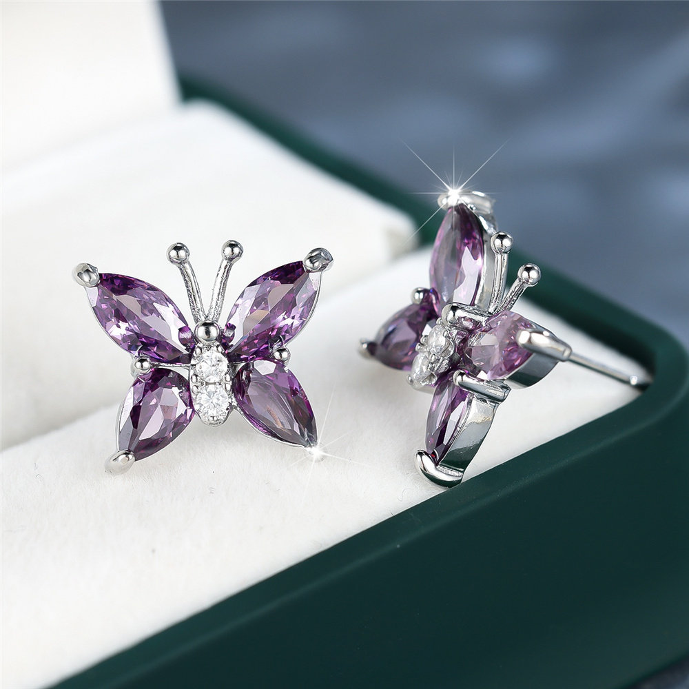 Simple Fashion Butterfly Earring Female Purple Crystal Stone Silver Color Stud Earrings Cute Bridal Weddings Jewelry For Women