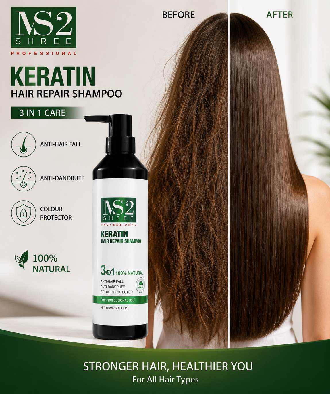 MS2 Shree Professional Keratin Hair Repair Shampoo 500ml | Anti Hair Fall | Anti-Dandruff | Color Protection