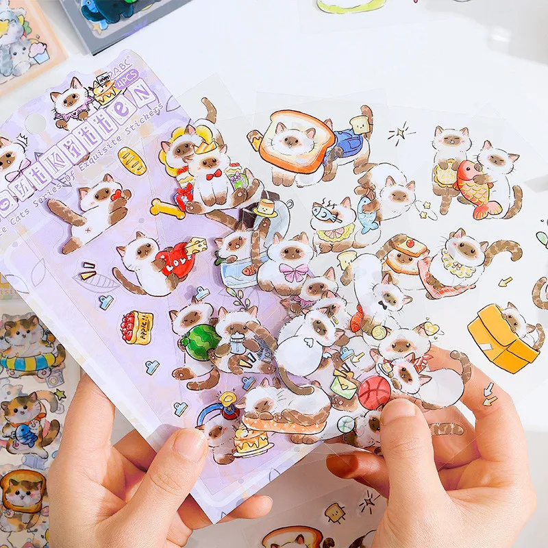 Journamm 4sheets PET Cute Cat Stickers for Scrapbooking Journaling DIY Decoration Planners Notebooks Album Art Crafts