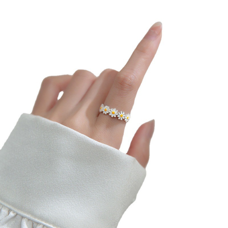 Korean Vintage Opening Daisy Flower Wedding Rings for Women Adjustable Finger Ring Girls Bride Engagement Everyday Jewelry