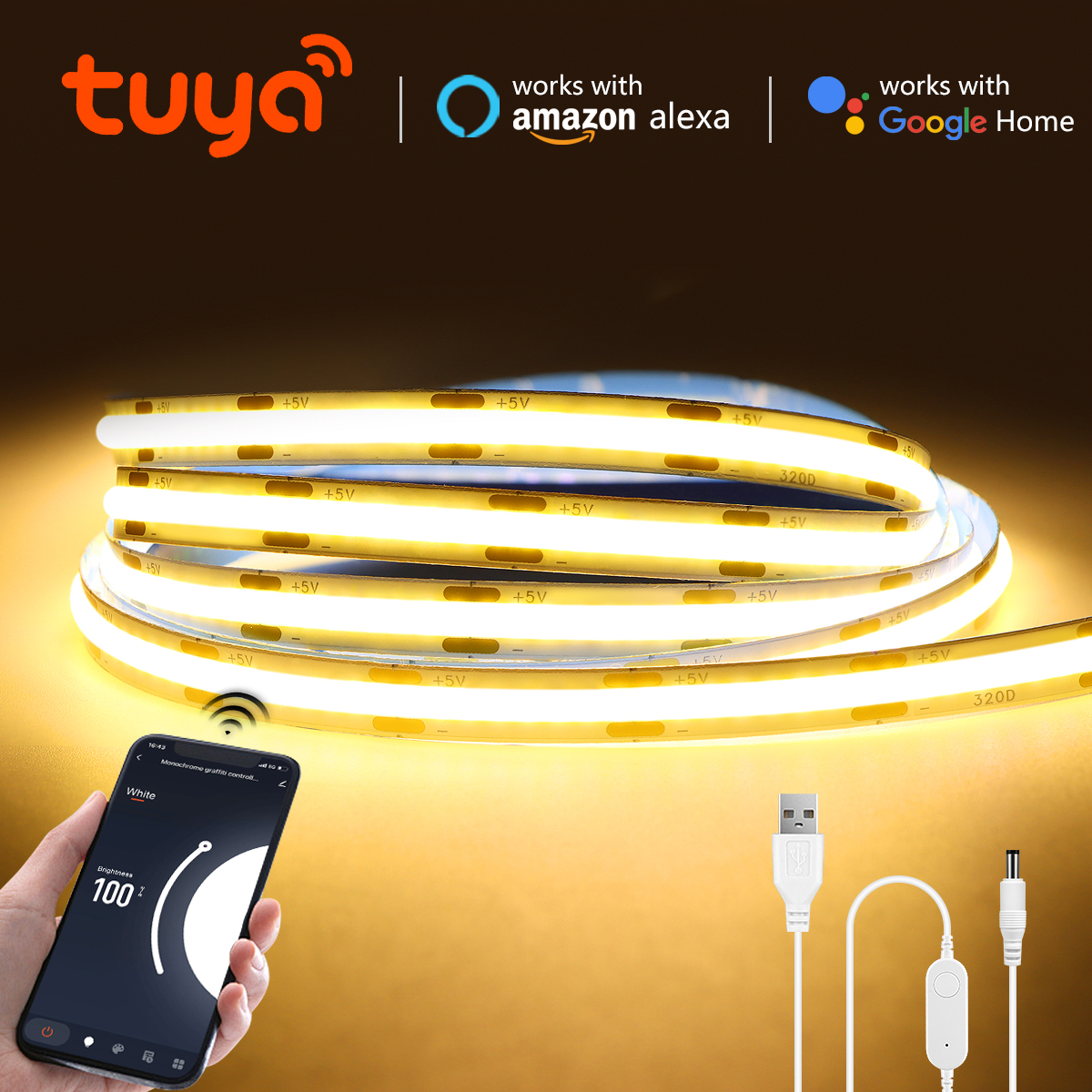 ZigBee COB LED Strip Smart Tuya Alexa Lights USB 5V Dimmable Neon LED Tape With WIFI Controller Home Room Kitchen Cabinet Decor