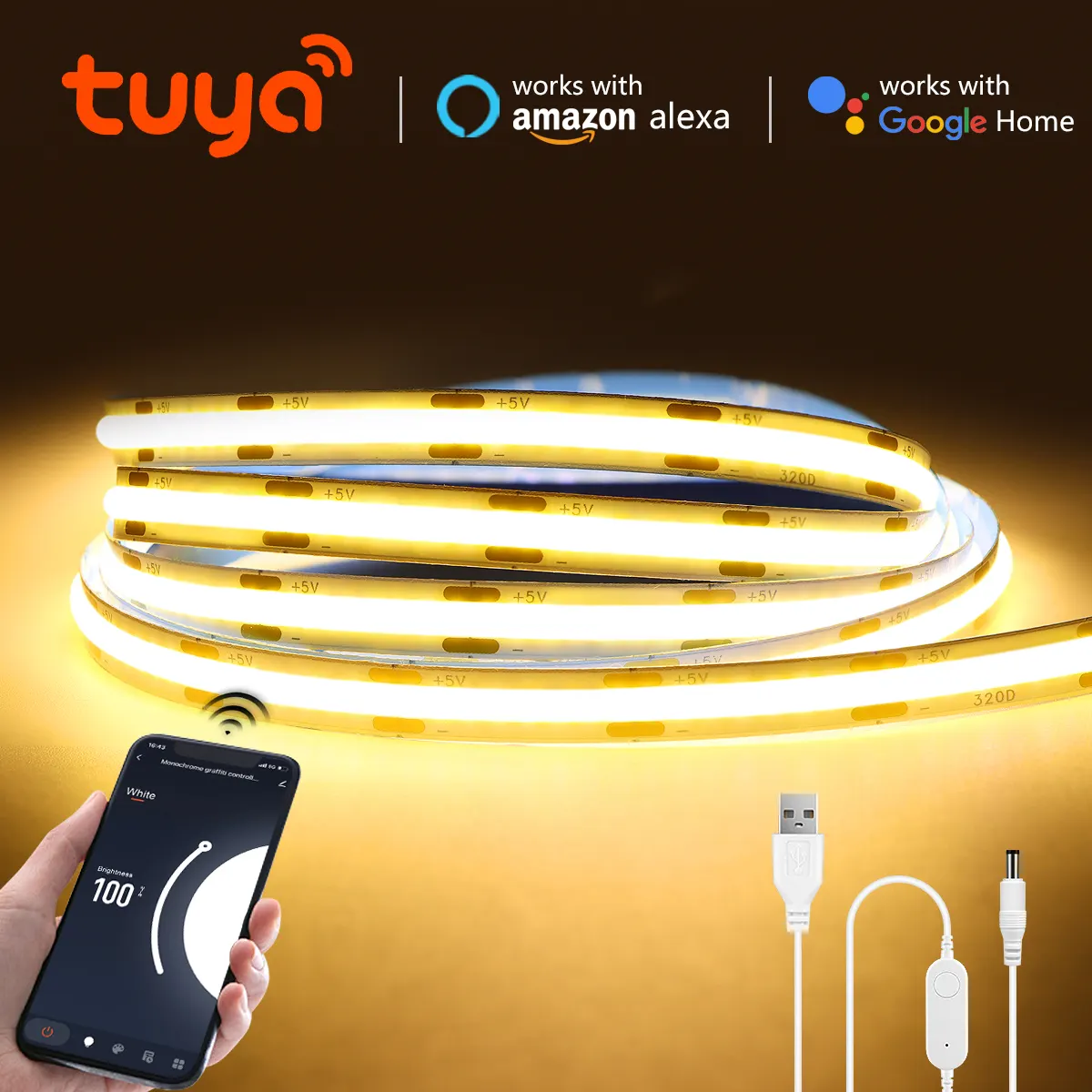 USB 5V Tuya COB LED Strip Light 1m-5m Warm White Flexible Dimmable Lights 320leds/m Home Decoration for Alexa - image 1