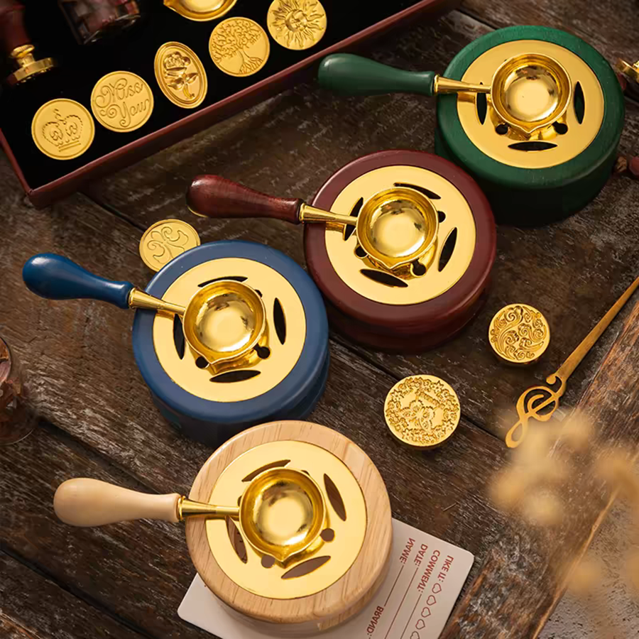 1set Wax Seal Warmer Kit, Wooden Wax Seal Furnace with Melting Spoon Seal Wax Melting Furnace Tool for Melting Wax Seal Beads