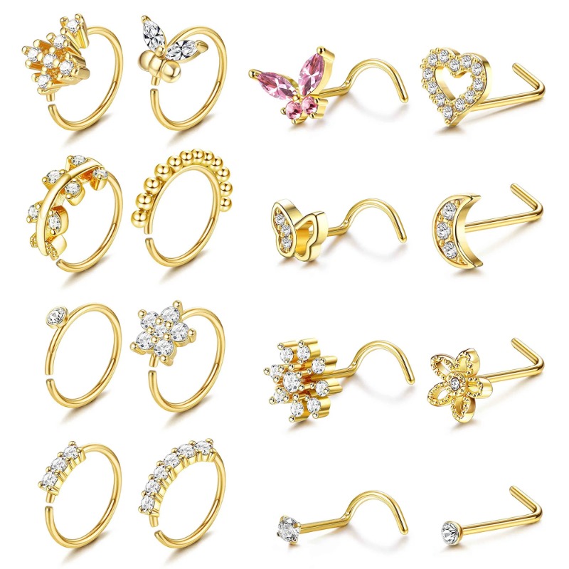1Pc 20G Nose Rings Studs for Women, Stainless Steel Nose Hoop Corkscrew L Shaped Nose Stud Nose Ring Nose Piercing Jewelry