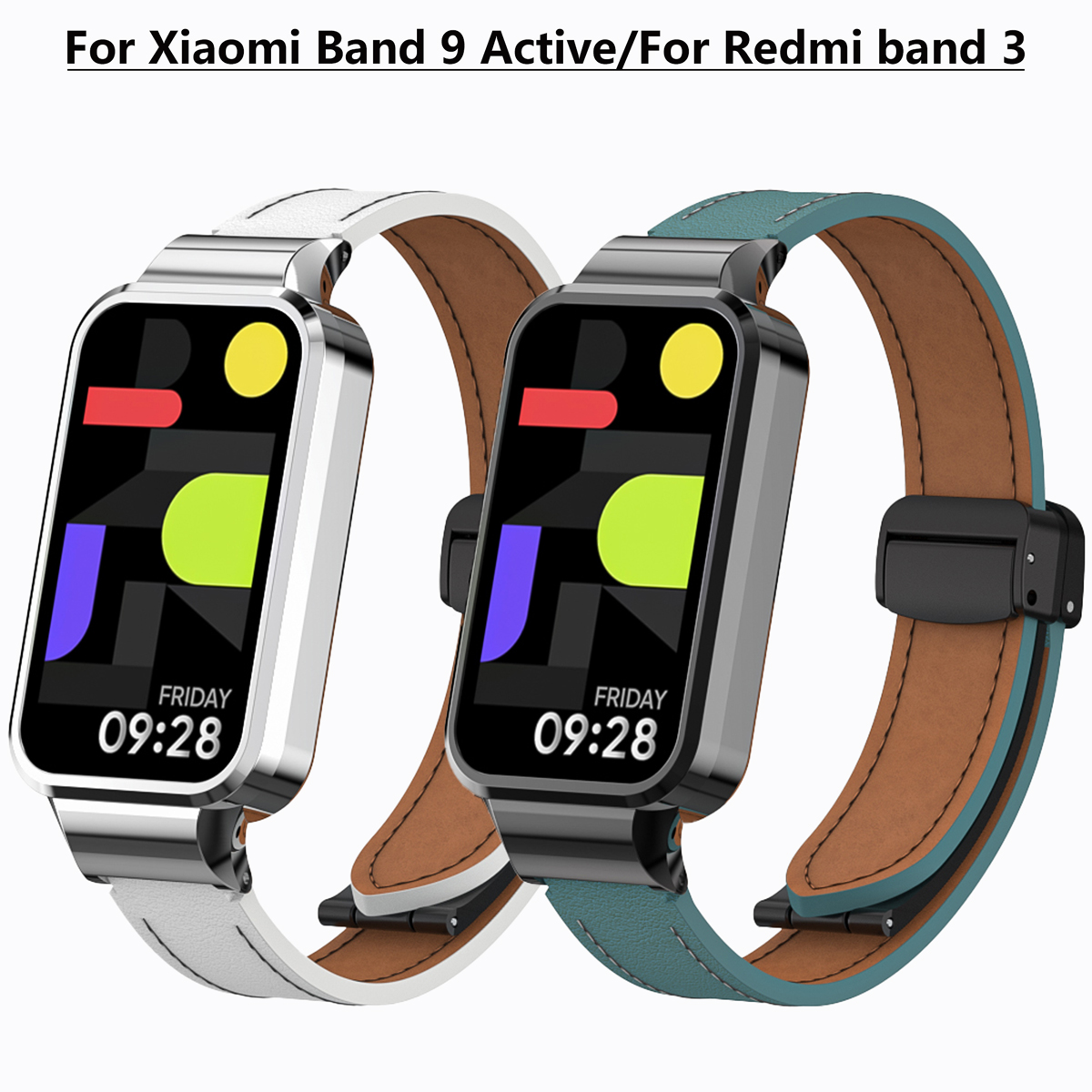For Smart Band 9 Active Leather Strap Magnetic Folding Buckle for Redmi Band 3 Metal Protective Case Integrated Strap