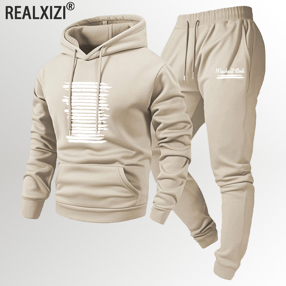 Men Fashion Print Tracksuit Hooded Sweatshirt+Sweatpants Set Autumn winter Casual Fitness Jogging Sports Two-Piece Unisex Outfit