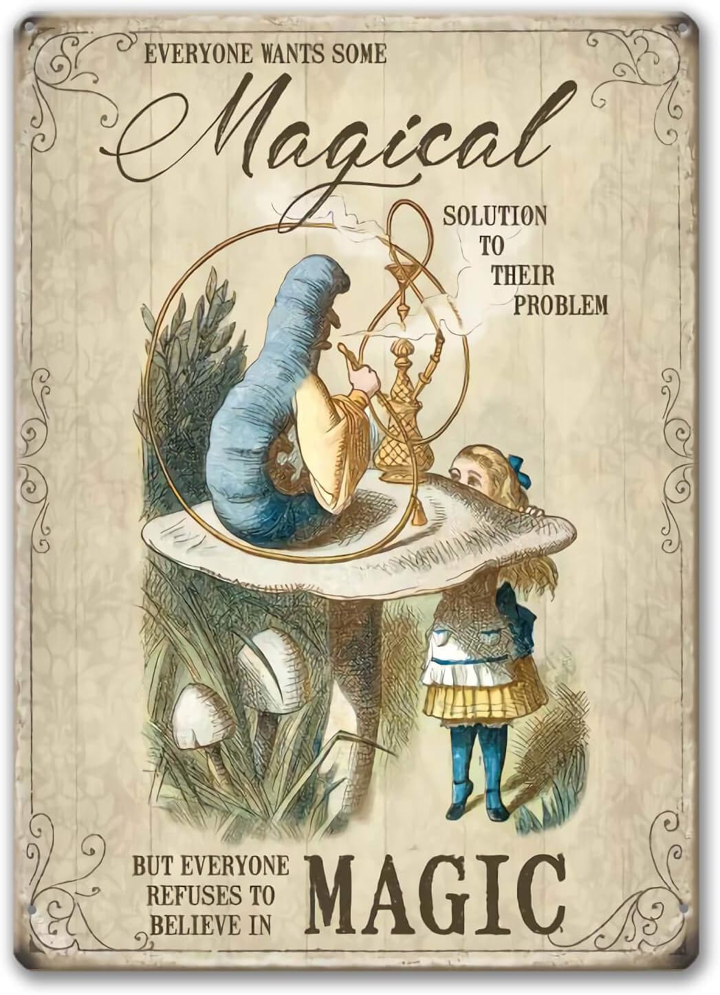 Agedsign Alice in Wonderland Poster, Vintage Metal Tin Sign Magical Solution Quotes Decor Gifts for Girls Living Room Party Deco