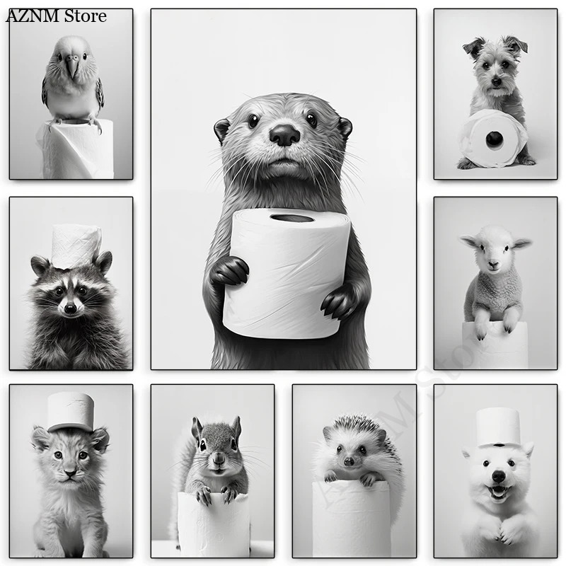 1pcBlack and White Cute Animal and Toilet Paper Poster Lion Owl Cat Dog Canvas Painting Wall Art Bathroom Living Room Home Decor