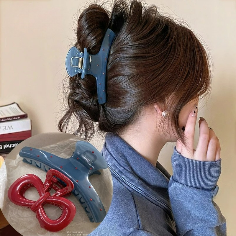 1/2pcs Vintage Blue Polka Dot Red Bow Hair Clip Shark Claw Clamp Hairpin Barrette Korean Hair Headwear Accessory For Women
