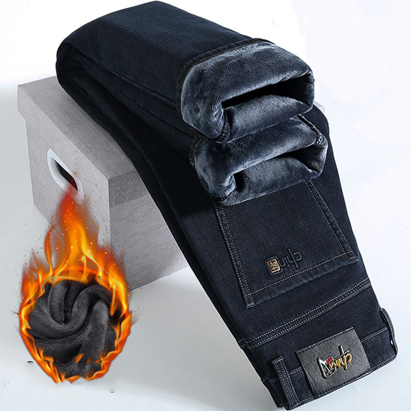2025 Winter Fleece Jeans Men's Warm Velvet Thickened Loose Denim Pants Straight Business Casual Black Blue Classic Trousers