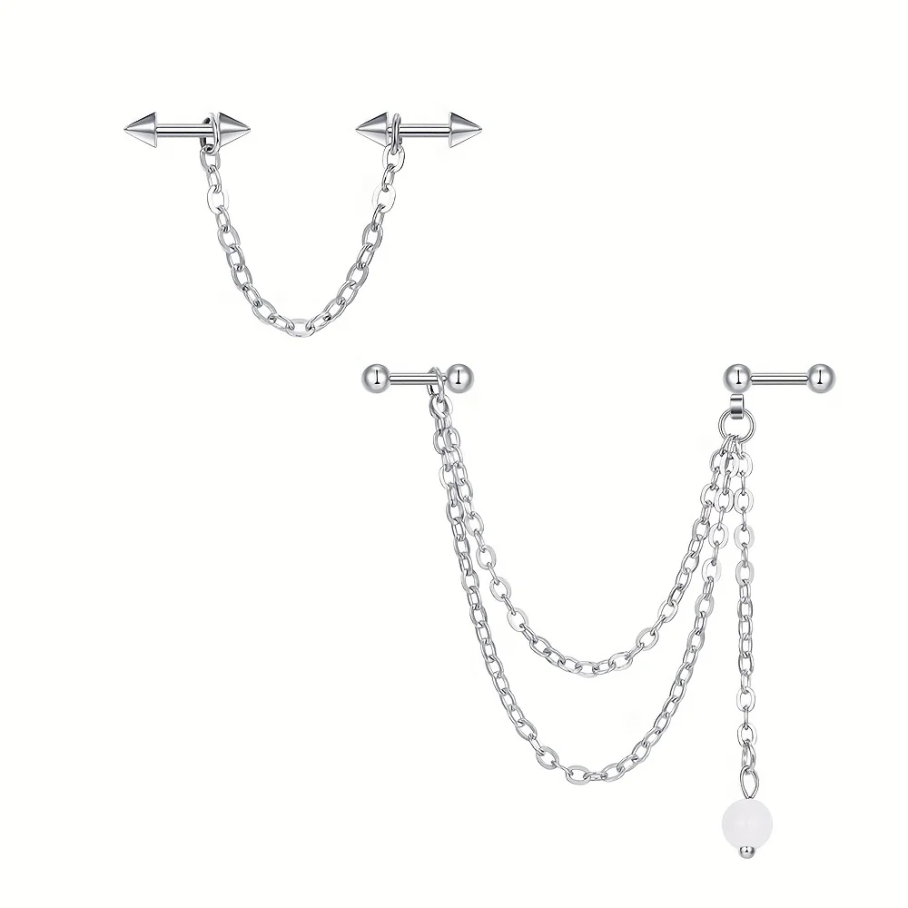 2Pcs 16G Stainless Steel Chain style Industrial Pole Ear Bone Nail Cartilage Piercing Ear Bridge Jewelry