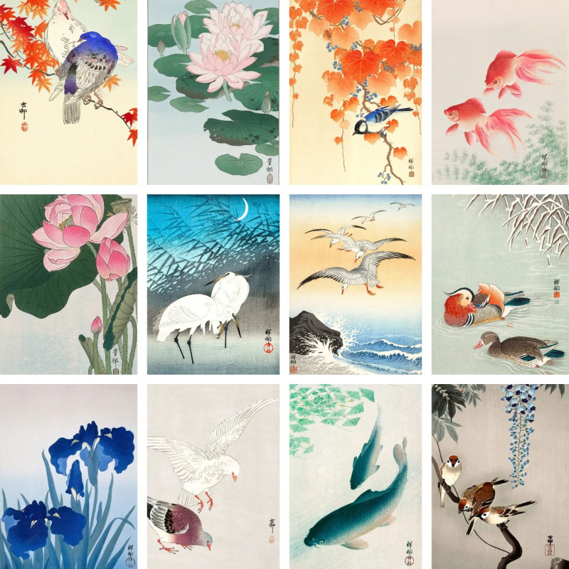 1pc frameless Canvas Painting Ohara Koson Japanese Ukiyo Wall Art Poster Vintage Goldfish Lotus Owl Crane Canvas Painting for G