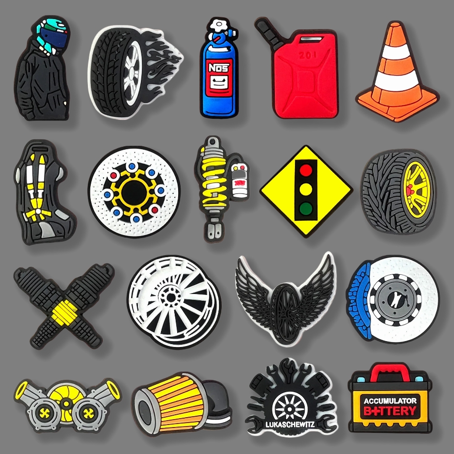 Creative X-mas Gift Various Car Tyres Seat Oil PVC Shoes Buckle Charms Man Clog Decorations Fit Backpack Halloween Party Present