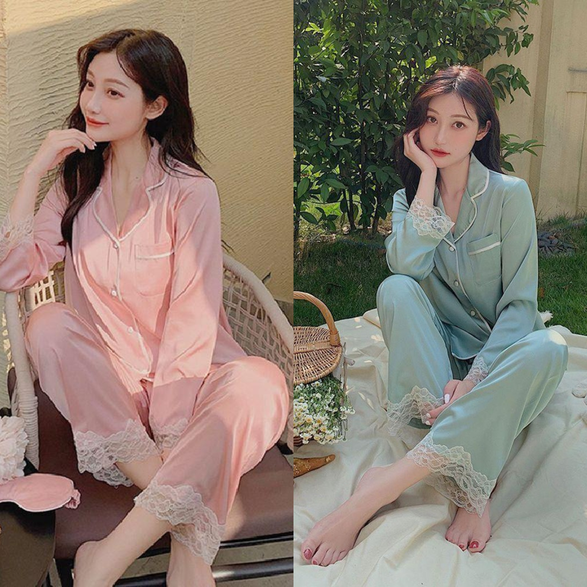 2PCS/Set Maternity Senior Feeling Pajamas Ice Silk Royalty Style Pajamas Spring Summer Casual Simple Solid Lace Women Loungewear