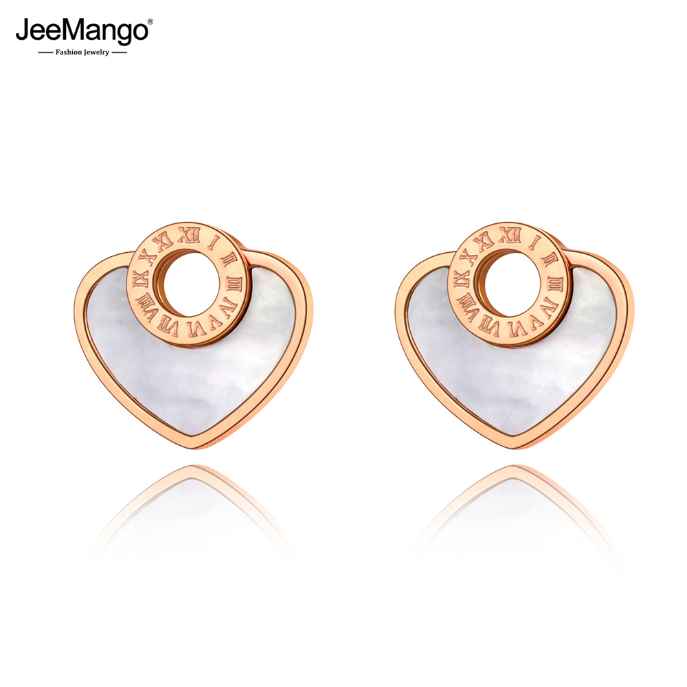JeeMango Trendy 316L Stainless Steel White Shell & Black Acrylic Heart Roman Numeral Wedding Earrings Jewelry For Women JE20085