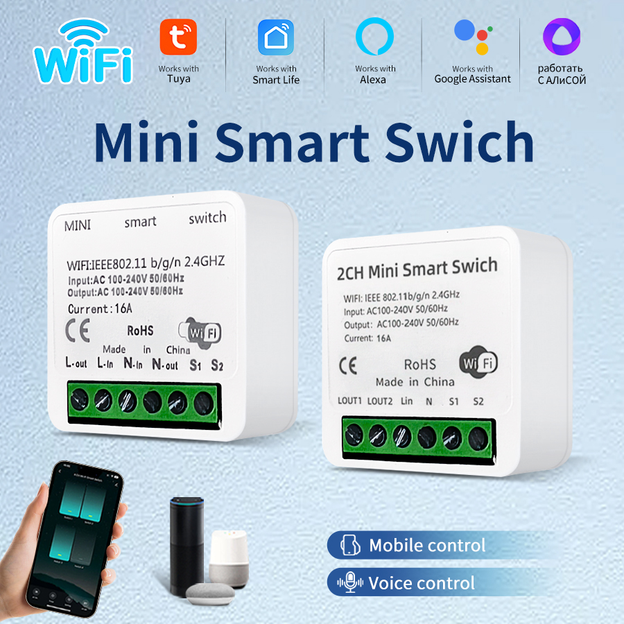 100-240V 16A Mini Tuya WiFi Smart Switch 1/2CH Intelligent Interruptor Relay Breaker Works with Home Alexa Smart Life App