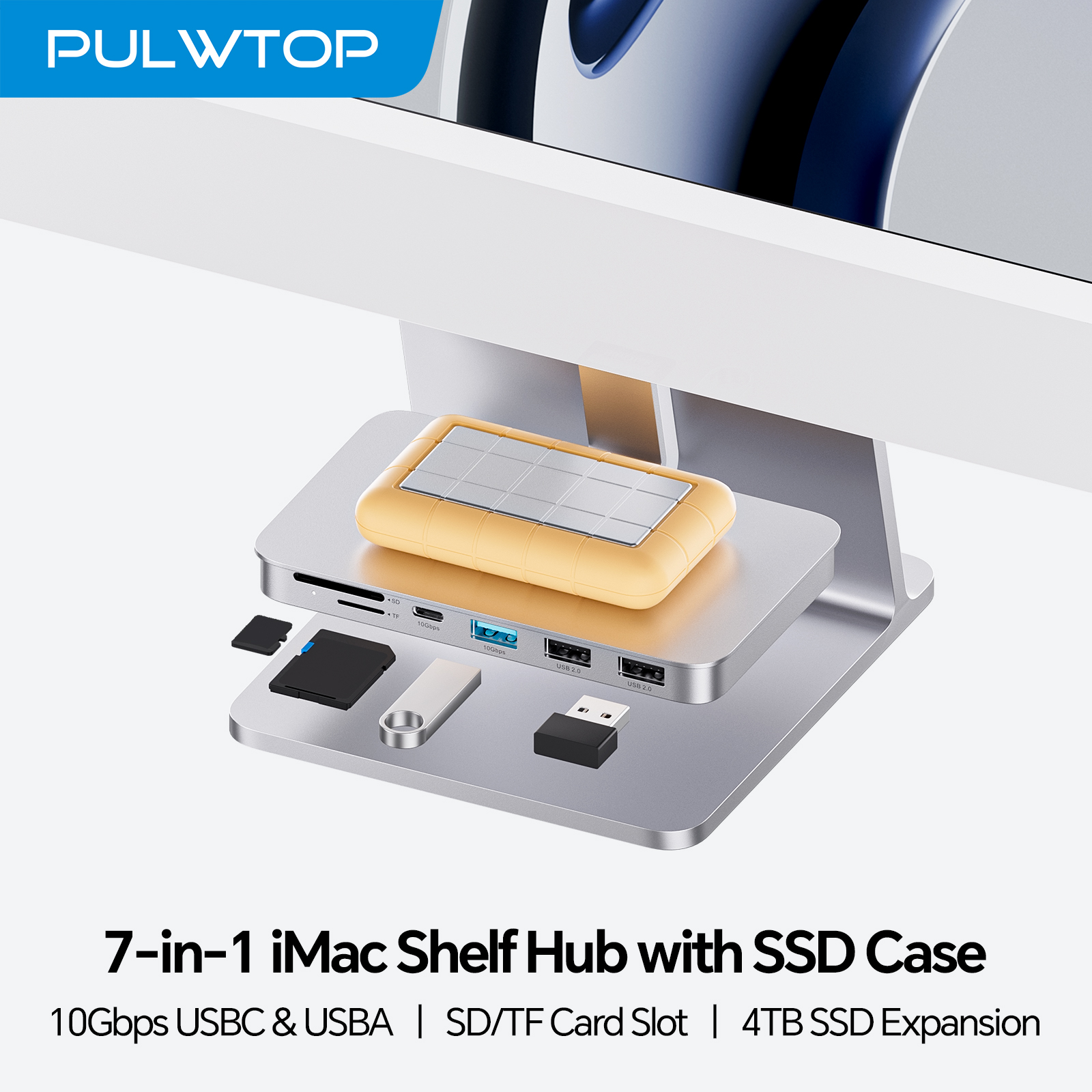 PULWTOP iMac Hub with M.2 NVMe SSD Enclosure, USB A/C 10Gbps, SD/TF for IMac24 M1/M3/M4 or Studio Display 27 inch