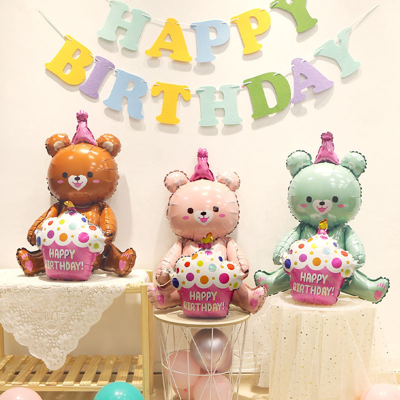 3D Cartoon Cake Bear Aluminium Foil Balloons Pink Blue Brown Bear Happy Birthday Party Decoration Baby Shower Helium Globos