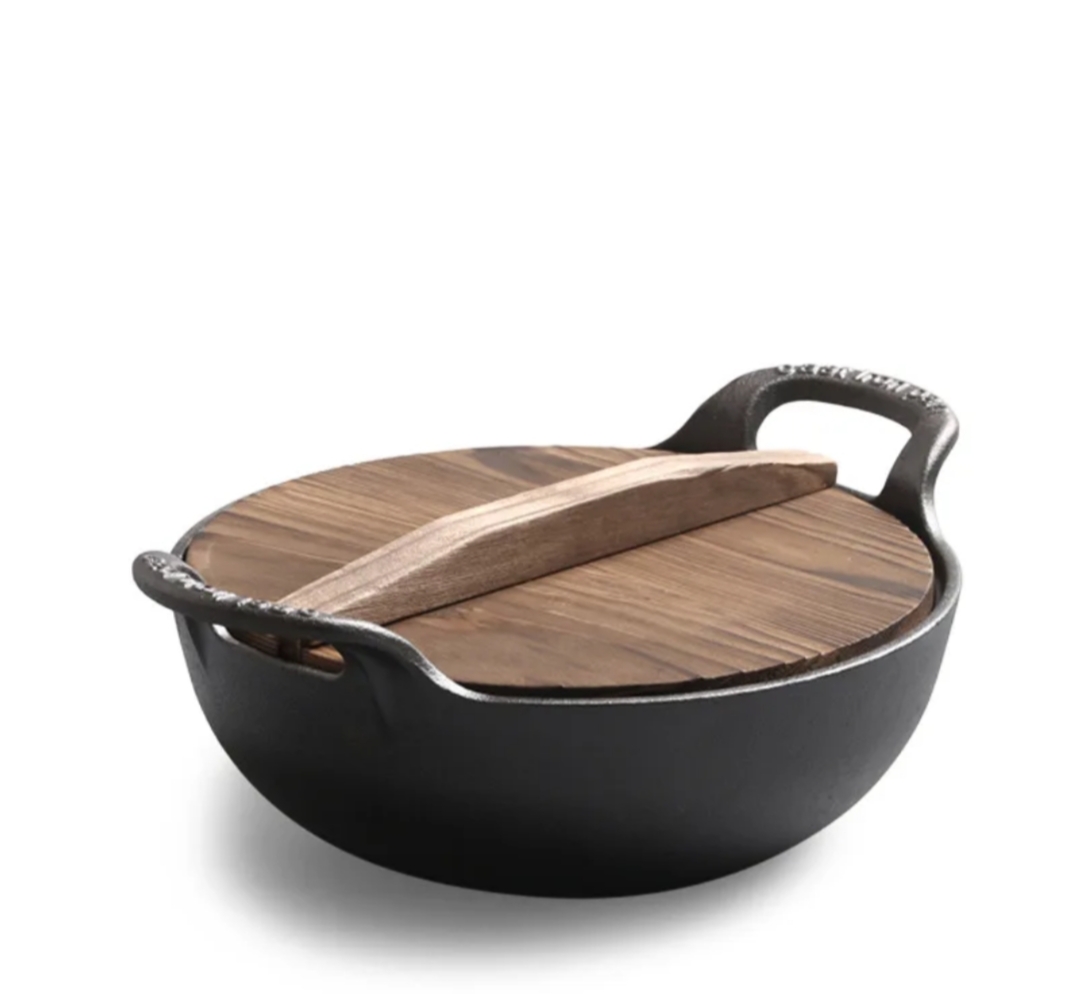 New Pure Cast Iron Kadai With Wooden Lid 10 Inches Medium