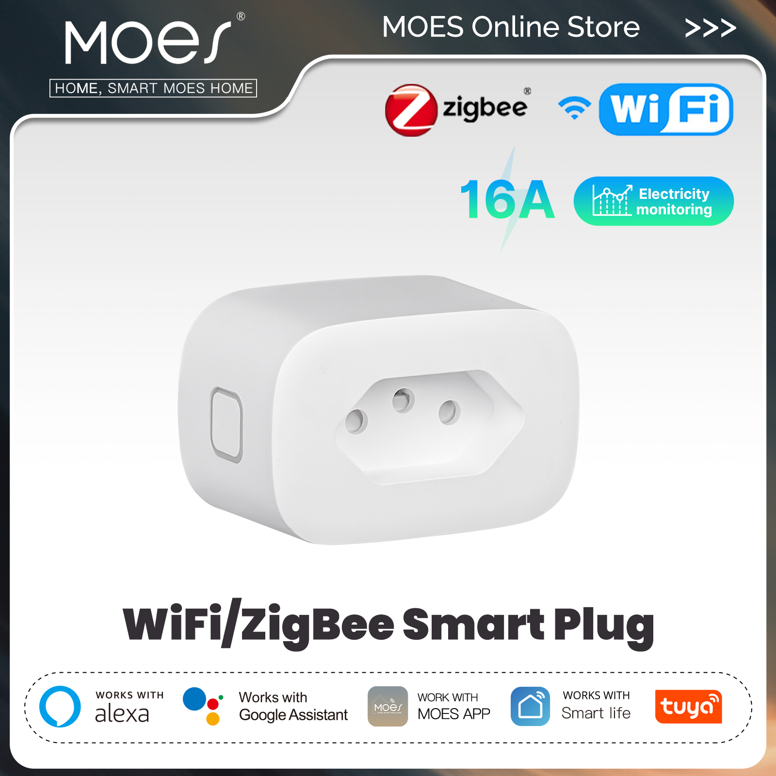 MOES 16A Smart Plug Tuya WiFi/Zigbee Brazil Version Socket Electricity Monitoring Fireproof App Control With Alexa Home