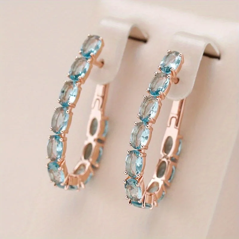 Fashion Shining Blue Synthetic Zircon U Shape Hoop Earrings For Women Exquisite Elegant Banquet Earrings Jewelry