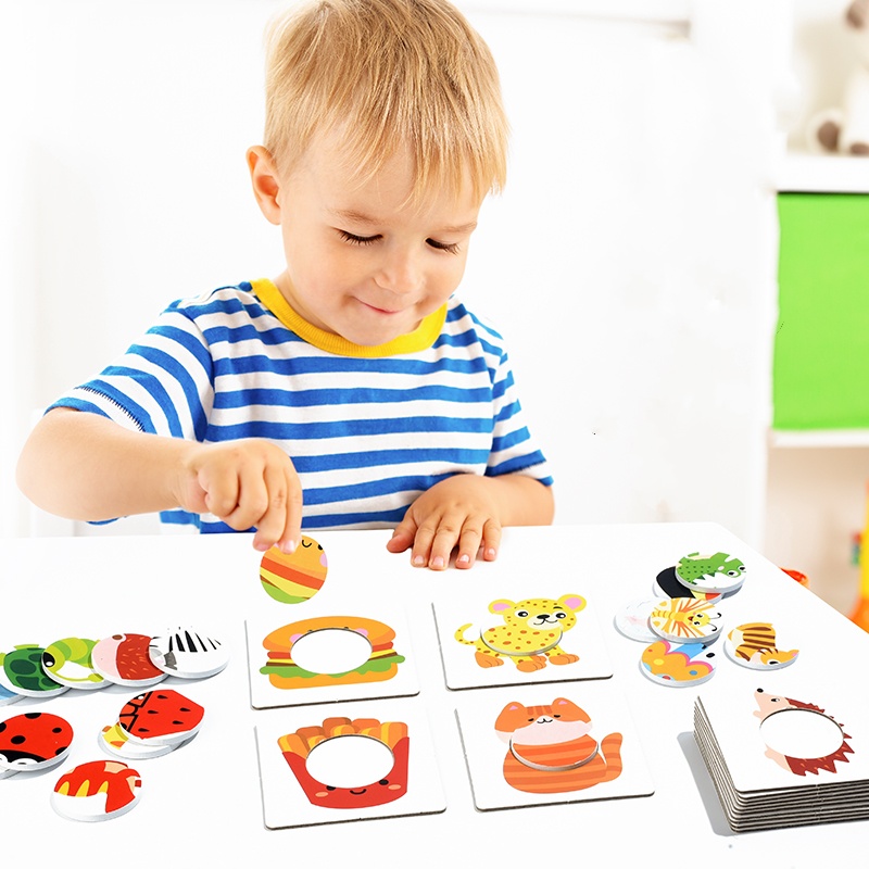 Montessori Early Education Toy Wooden Cartoon Animals Cognitive Puzzles Toy Memory Matching Game Fine Motor Toy for Kids