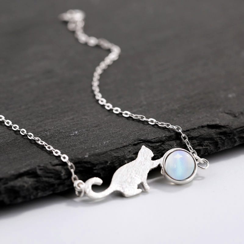 Hand Drawing Female Fashion Moonstone Cute Animal 925 Sterling Silver Jewelry Crystal Sweet Cat Temperament Bracelets SL010