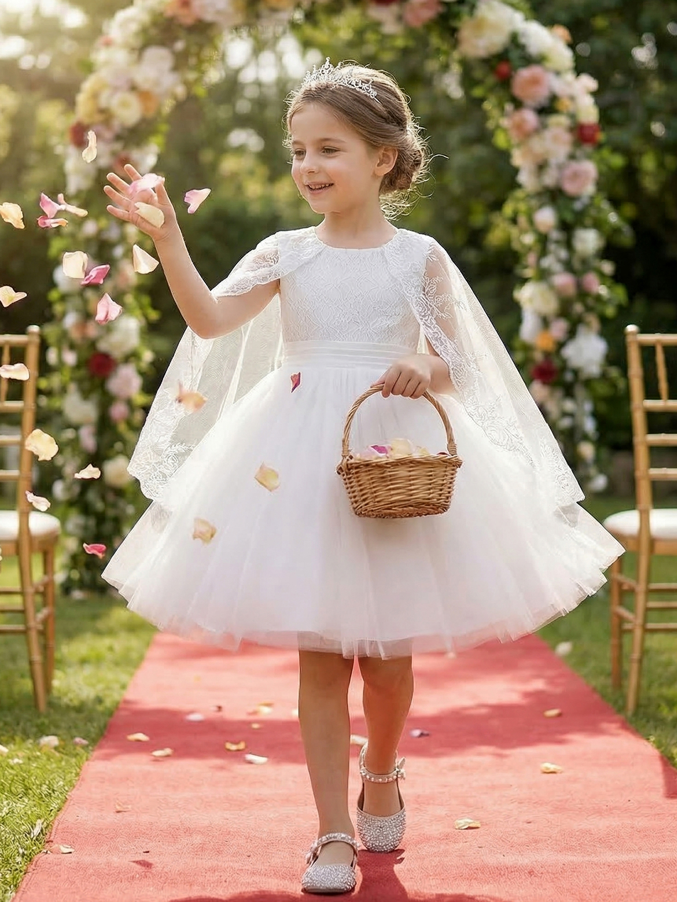 White Formal Wedding Gown for Tween Girls, Elegant Silk Dress with Delicate Net Embroidery Matching Lightweight Gauze Shawl