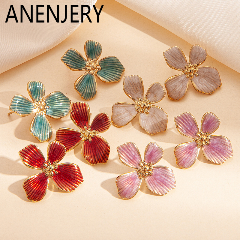 ANENJERY 316L Stainless Steel Drop Oil Flower Inlaid Pearl Earrings For Women Lady Elegant Oil Painting Style Jewelry