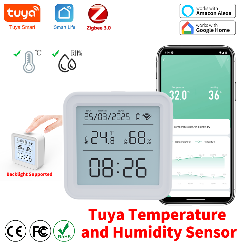 Tuya Zigbee Temperature Humidity Sensor Hygrometer Thermometer Backlight Required Tuya Zigbee Hub Workwith SmartLife Alexa