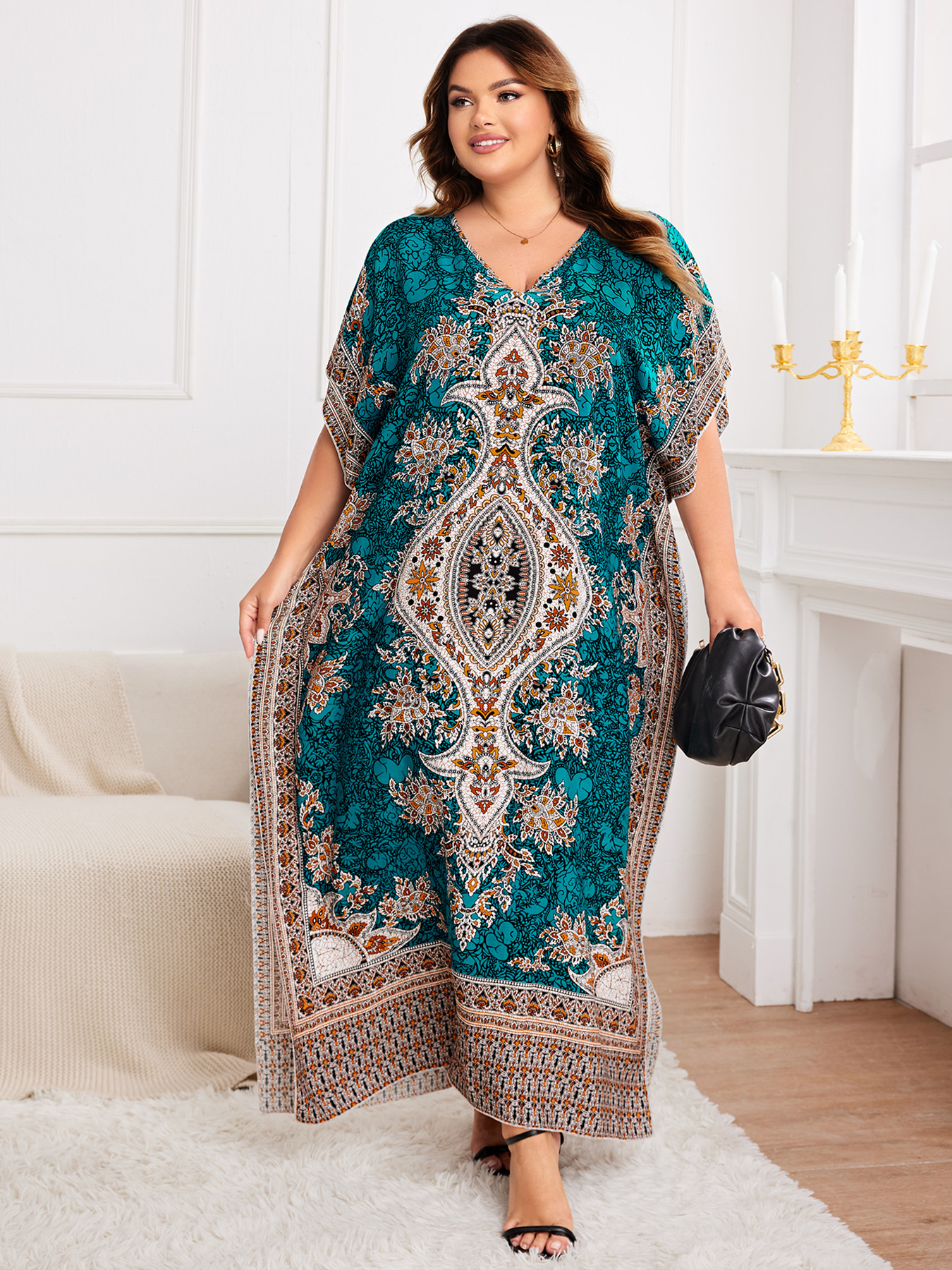 Spring/Summer New plus Size Women's Ethnic Print Vacation Style Wrap Long Robe Elegant Commute Loose Dress