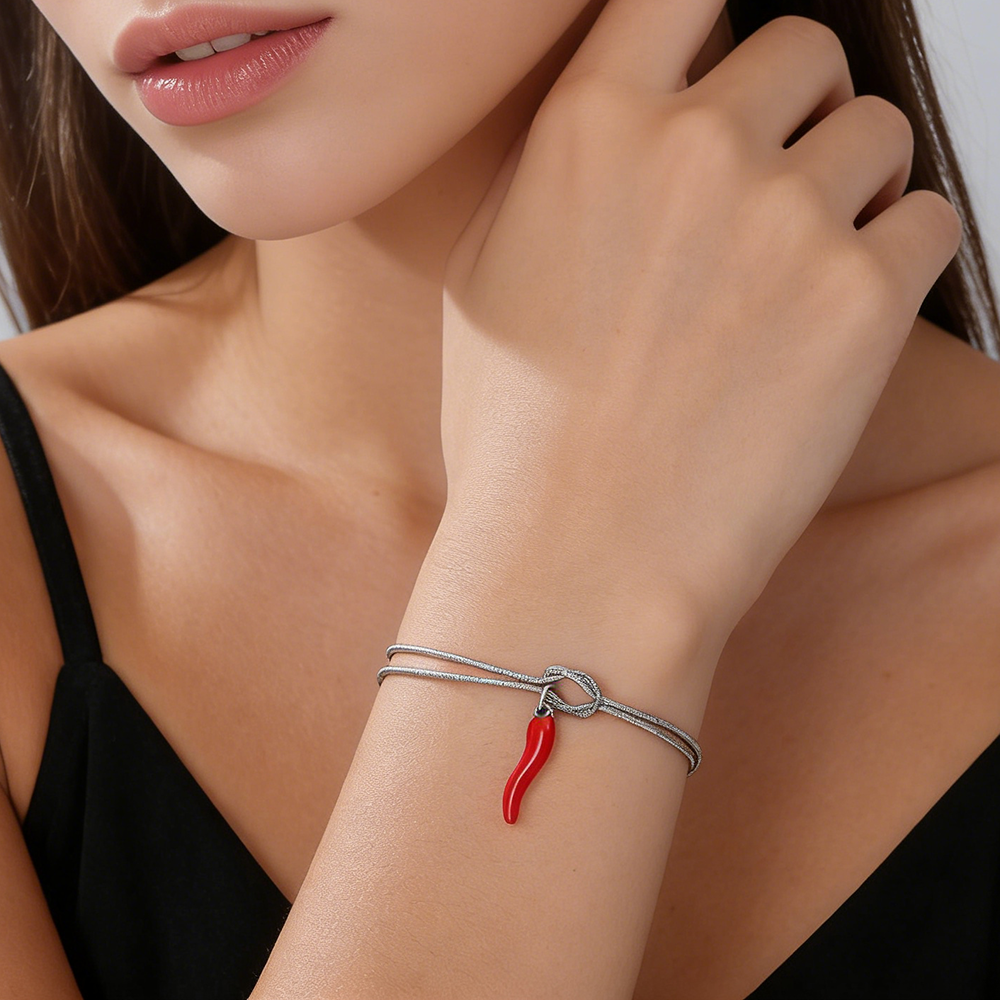 Red Enamel Italian Horn Charm Bracelet Stainless Steel Women's Love Knot Snake Chain Bracelets Good Luck Protection Jewelry