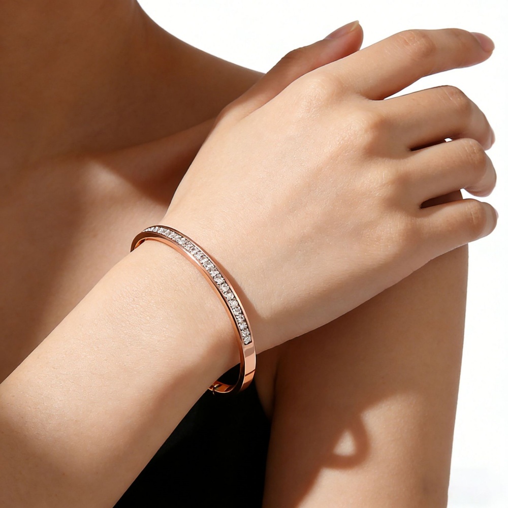 1Pc Dainty Rose Gold Cuff Bangle with Full Rhinestones, Minimalist Thin Bracelet for Daily Office & Casual Wear