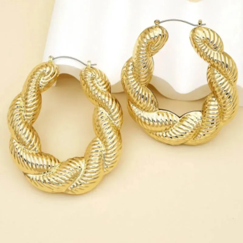 Trendy Gold Color Braided Texture Hoop Earrings Chunky Statement Big Earrings Stylish Bold Jewelry For Women