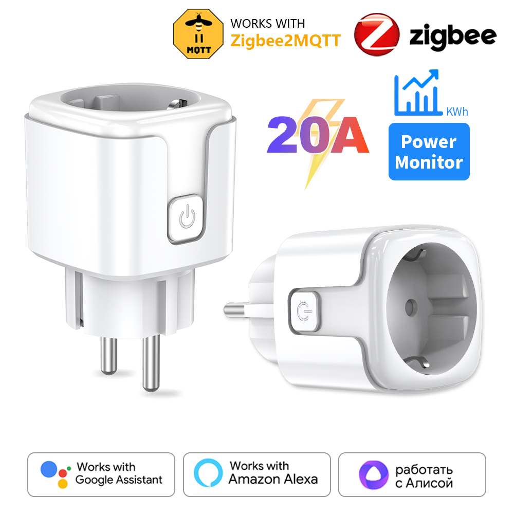 Zigbee3.0 Smart Socket European Plug 20A with Power Metering Alexa Voice Mobile APP Remote Control Home Assistant Zigbee2MQTT