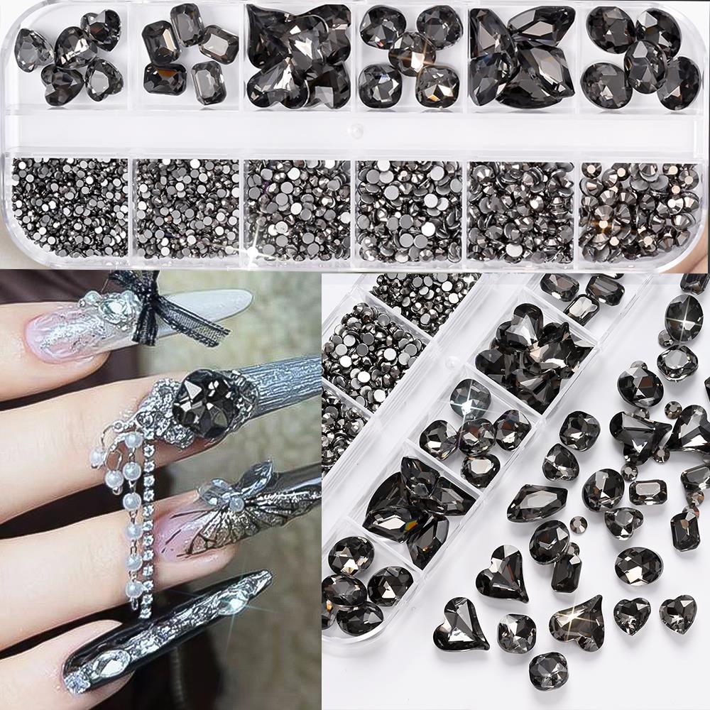 12Grids 3D Black Glass Nail Art Rhinestones Mixed Heart Round Sqaure Stones Nails Decoracions DIY Crafts Makeup Nails Accessorie