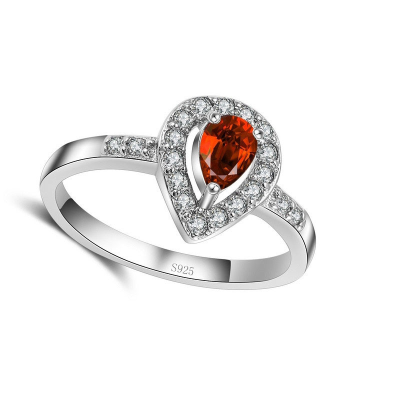 925 Sterling Silver Color Ring Waterdrop Shape Ornament Fire Red Crystal Stone For Women Female