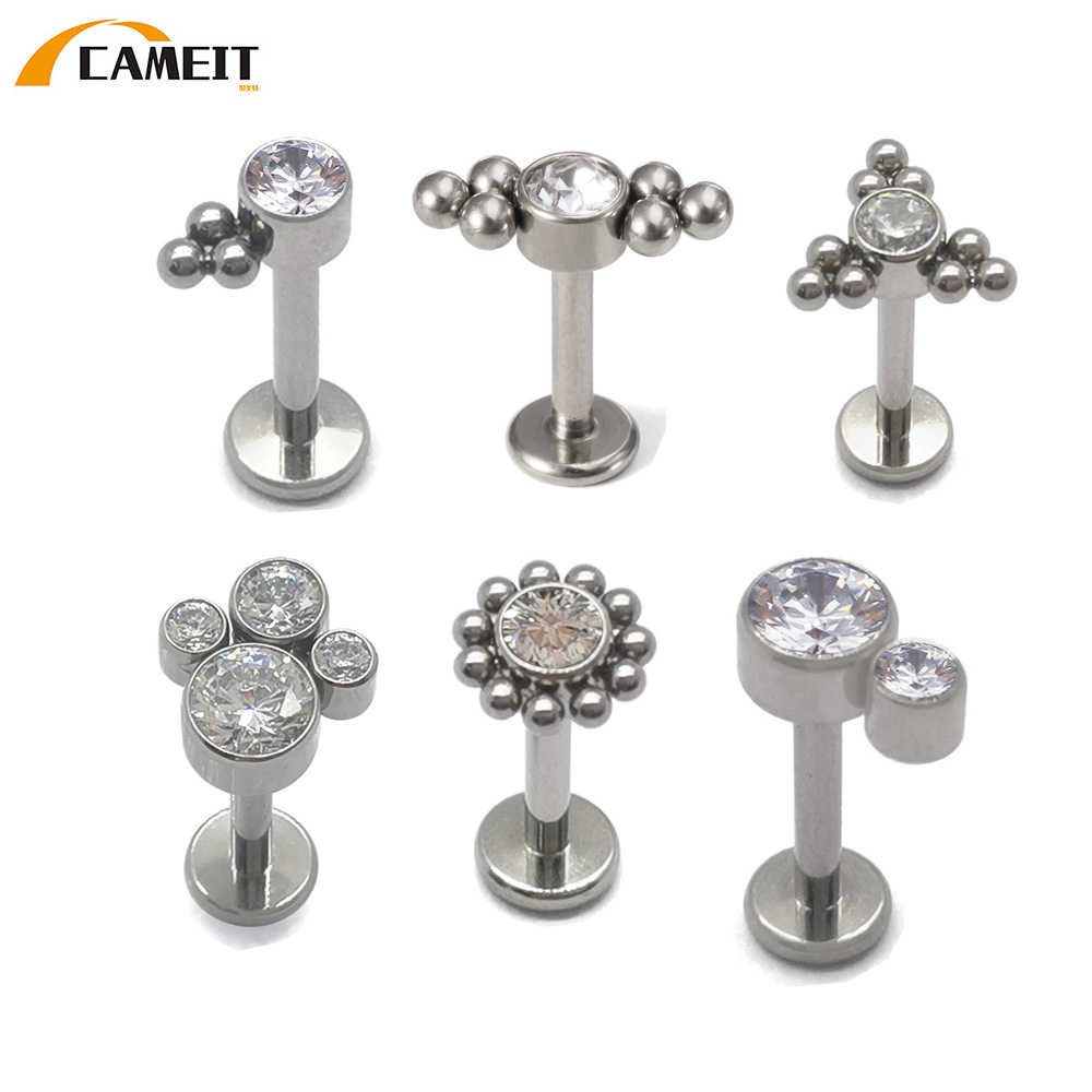 ASTM F136 Titanium 16G Zircon and Opal Welding Beaded Labret Ring Tragus Helix Earring Stud Bar Length