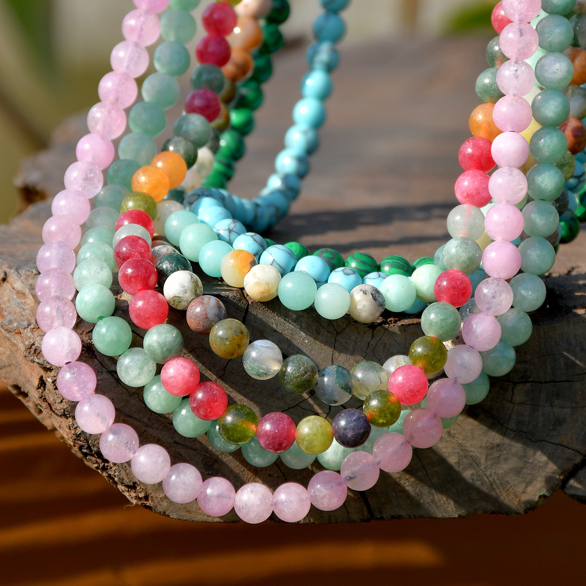 1pc 6mm Natural Stone Necklace Bohemian Colorful Handmade Round Beaded Women Chokers Summer Vacation Beach Surf Jewelry