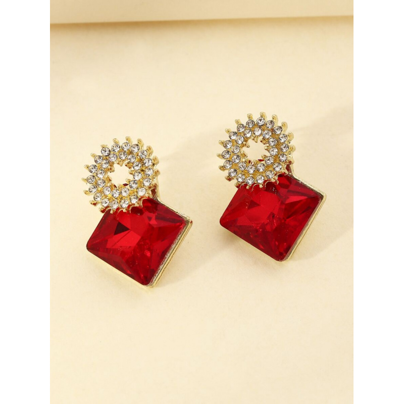 1 Pair Elegant Luxury Red Geometry Square Crystal Gem Dangle Earrings, Fashion Accessory For Party