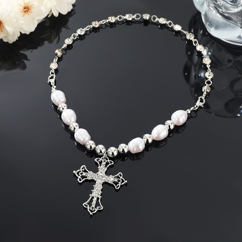 1pcs Faux White Gold-color Necklace Hip Hop Punk Cross Pendant Handmade Wear Faux Pearls Colla